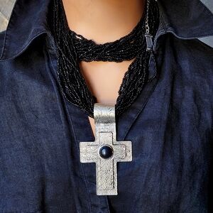 Iconic Ivana Ruzzo Designer Jewelry Silver Cross Black Beaded Necklace